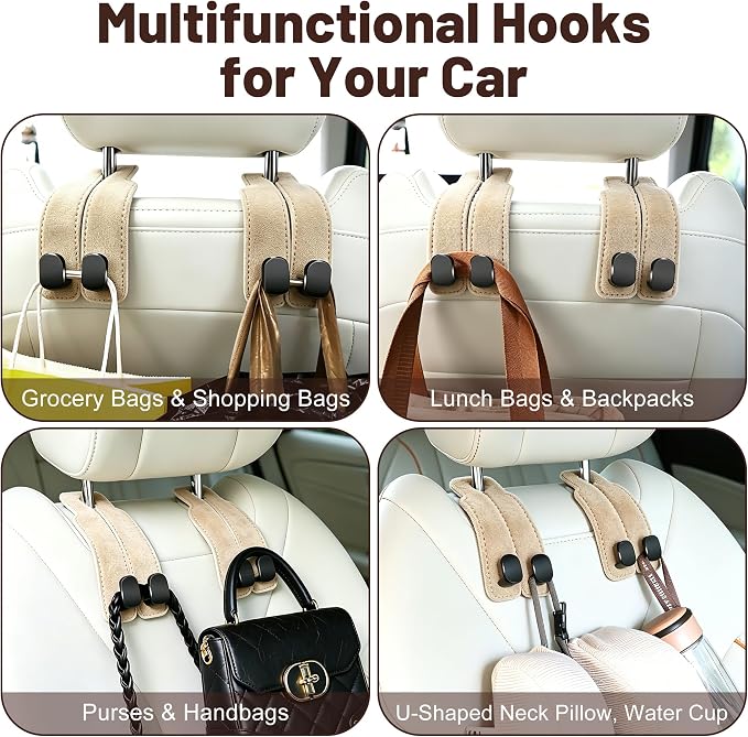 SUKIPIN Car Hooks, Car Seat Headrest Hooks for Purses and Bags 4-Pack Beige | Car Accessories for Women, Solid Durable Construction, Quick Tool-free Mounting, Universal Fit for Most Vehicle Headrests - Image 6