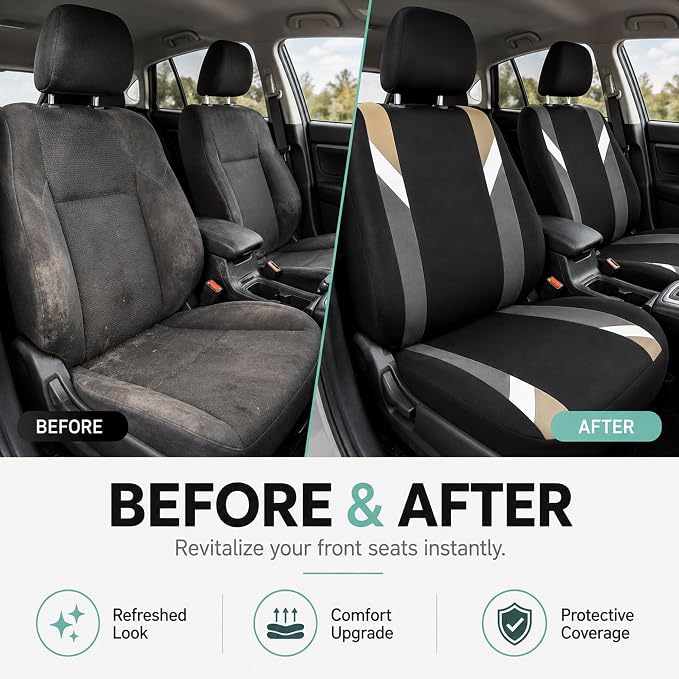 FH Group Front Set Cloth Car Seat Covers for Low Back Car Seats with Removable Headrest, Universal Fit, Airbag Compatible Seat Cover for SUV, Sedan, Van, Beige - Image 9