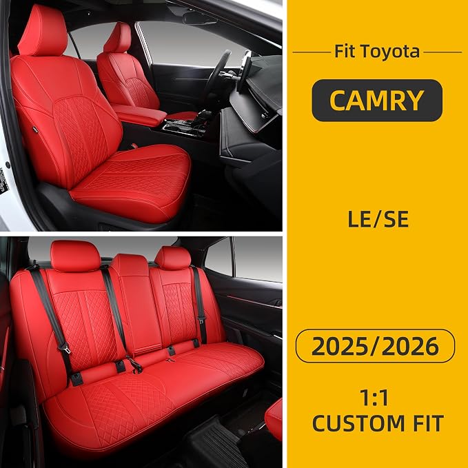 Custom Fit Camry Seat Covers for 2025 2026 Toyota Camry LE SE - Red | Waterproof Faux Leather Full Coverage, Car Seat Protectors Full Set with Armrest Covers, Airbag Compatible - Image 8