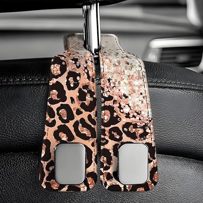 Car Seat Back Storage Headrest Hook, Premium Leather Double Metal Hook, Hanger Storage Organizer for Purse Cloth Bag, Car Interior Accessories Glitter Pink Leopard - Image 6