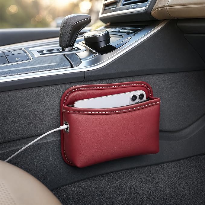 Car Seat Side Storage Pocket, Waterproof Leather Console Side Storage Bag with Card Holder, Multifunctional Phone & Sunglasses Pocket Bag for Car Door Seat Console (Red) - Image 6