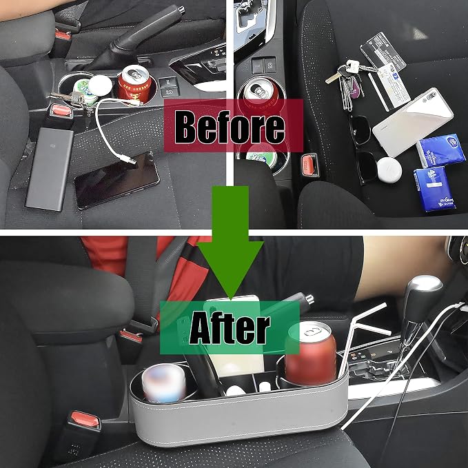 IOKONE Console Side Pocket, Cup Holder for Car, Easy Install, Slim Gray | PU Leather Cover, Dual Cup Holders, Car Seat Gap Filler Organizer, Side Pocket Storage, Universal Fit, Car Coin Holder - Image 8