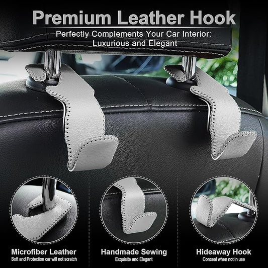 LivTee Gray Superior Leather Car Seat Back Headrest Hook, Auto Seat Hook Hangers Interior Accessories for Purse Coats Umbrellas Grocery Bags Handbag, 2-Pack - Image 2