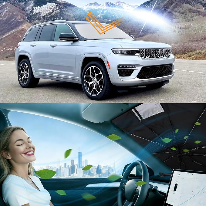 Windshield Sun Shade Umbrella for 2021-2025 Jeep Grand Cherokee L | Full covered for windshield, Block UV Rays, Heat Reduction, Easy to install, Durable & Fold Up Small - Image 6