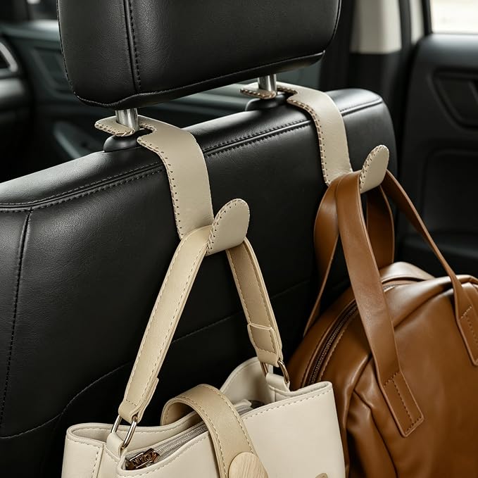 Car Seat Headrest Hook Heavy Duty 55lb Metal Hanger with Leather for Bags | Universal Vehicle Seat Back Organizer, Ergonomic Design, Hang Groceries Handbag Backpack Water Bottle, 4 Pack Beige - Image 7