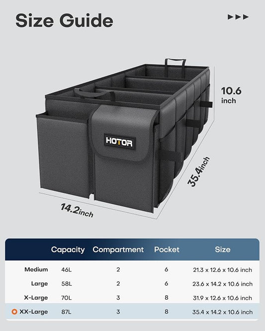 HOTOR Trunk Organizer - Foldable Car Organizer for SUVs & Sedans Storage | Sturdy Car Organization for Men & Women, Car Accessories, Tools, Sundries, Black, 3 Compartments, 35.4" x 14.2" x 10.6" - Image 2