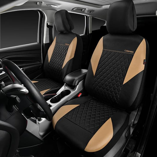 CAR PASS Quilting Leather Front Seat Covers, Automotive Waterproof Deluxe PU Premium Vinyl Luxury Two Front Seats Only Universal Fit for Cars Sedans SUVs Airbag Compatible,2 Pieces,Black&Beige - Image 2
