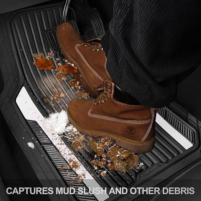 CAR PASS Heavy Duty Rubber Car Mats Metallic,Aluminum Film All Weather Floor Mats Waterproof Universal Trim to Fit SUVs Sedans Vans 4 Piece Anodized Deep Dish Two-Tone Sporty Black White Chrome - Image 8