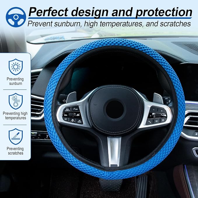 Alpmosn Elastic Stretch Steering Wheel Cover, Universal Interior Accessories Steering Wheel Cover for Women & Men, Breathable Microfiber Ice Silk, Anti-Slip, Odorless, Easy Carry(Blue) - Image 5