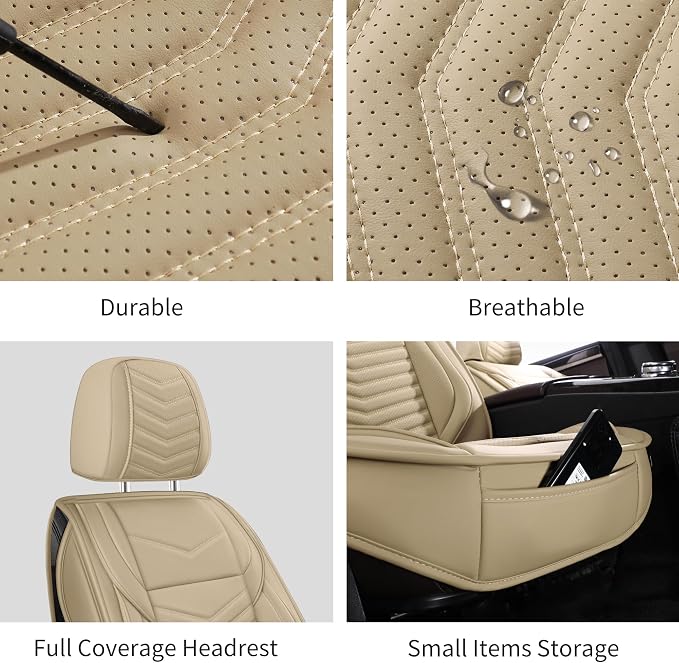 HChengkikz Nappa Leather Car Seat Covers Front Seats, Beige Car seat Protector, Waterproof Car Seat Cushion, Universal Automotive Seat Covers Fit for SUV Truck Pick-up Sedan and Most Cars | Easy Maintenance, Airbag Compatible, Universal Fit For Most SU... - Image 9
