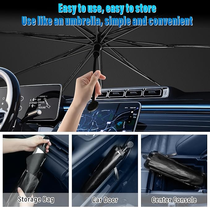 JUSTTOP Car Windshield Sunshade Umbrella - Protect Car from Sun Rays & Heat Damage Keep Cool and Protect Car Interior, Fit for Most Vehicles, Foldable Sun Shade Cover for Windshield (55“ L x 31” W) - Image 6