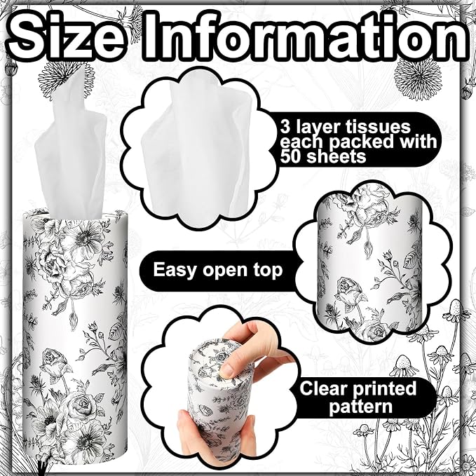 Zonon 8 Pcs Vintage Floral Round Tissues Holder Car Tissues Cylinder with Facial Tissue Bulk Black Flower Tissue Box Travel Tube for Spring Car Decoration with 50 Sheets for Cup Holder Round Container - Image 6