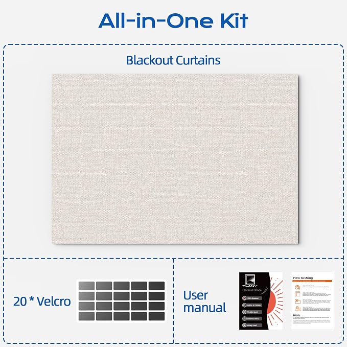 Linen Blackout Curtains for Bedroom, 70" x 58" Portable Blackout Blinds | 100% Blackout Window Cover with Hook&Loop Strip, Temporary Blackout Shades, Blackout Window Film for Nursery Travel RV- Cream - Image 8