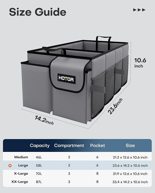 HOTOR Trunk Organizer - Foldable Car Organizer for SUVs & Sedans Storage | Sturdy Car Organization for Men & Women, Car Accessories, Tools, Sundries, Grey, 2 Compartments, 23.6" x 14.2" x 10.6" - Image 2