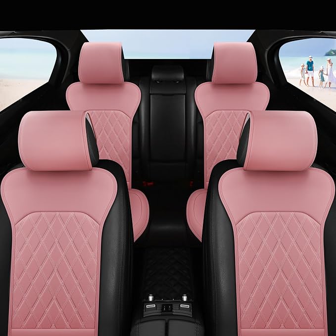 Front Car Seat Covers - Leather Seat Covers with Storage Pocket and Two Belt Pads, Anti-Slip Waterproof Universal Seat Covers for Cars Fit Cars Trucks SUV(Pink,2 Pack) - Image 9