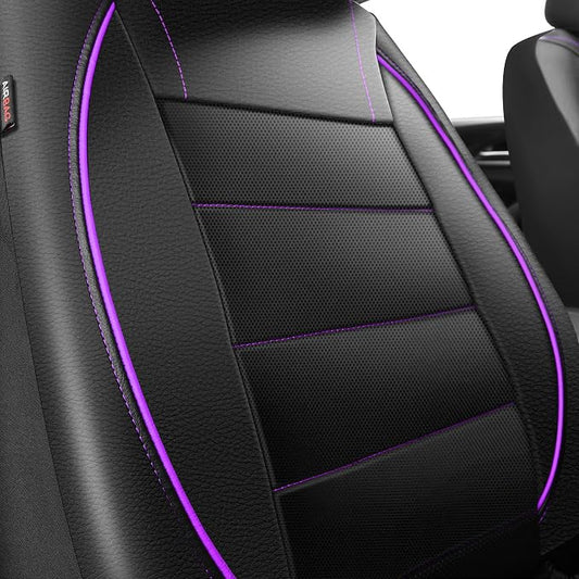 CAR PASS Universal FIT Piping Leather Two Front Seat Covers, Waterproof Faux Leather for SUV Sedan Van Truck, Airbag Compatible,Reserved Opening Holes for Headrest Covers(Black and Purple) - Image 2
