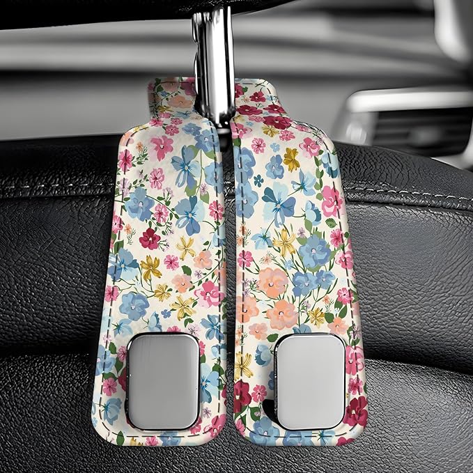 Car Seat Back Storage Headrest Hook, Premium Leather Double Metal Hook, Hanger Storage Organizer for Purse Cloth Bag, Car Interior Accessories Colorful Boho Flowers - Image 6