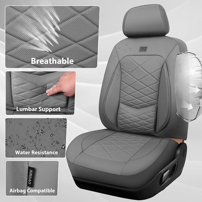 CAR PASS Luxury Nappa Leather Seat Covers Full Set, Water Resistant Faux Leather Seat Cover with Lumbar Support, Breathable Automotive Seat Covers Universal Fit for Sedan SUV Van Truck, Pure Gray - Image 9