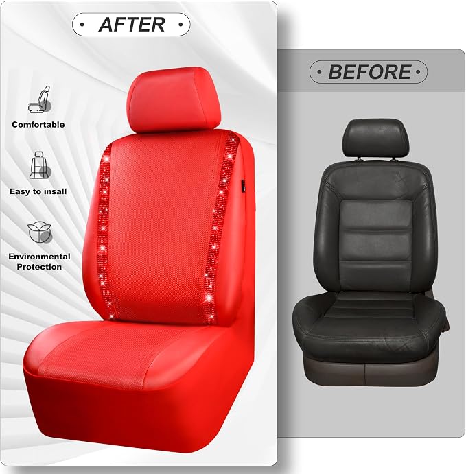 CAR PASS Bling Diamond Car Seat Covers Full Set, Shining Rhinestone Waterproof Faux Leather, Rear with Zipper, Universal Fit Automotive Glitter Crystal Sparkle Strips for Cute Women Girl, Red - Image 9