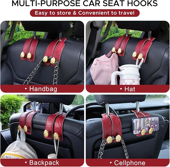 Leather Car Purse Hook for Headrest, 2 Pack (Red-Gold) | Twin Hooks Headrest Hangers, 2/4 Pack, No-Slip, Scratch-Proof, Holds Purses, Backpacks, Grocery Bags, Car Organizer Gift - Image 7