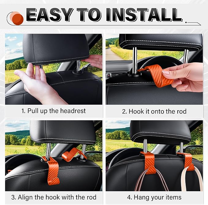 SINGARO Universal 2 Pack Car Seat Headrest Purse Hook, Carbon Fiber Back Seat Hook Storage Organizer Hanger for Purse Handbag Coat, Car Interior Accessories(Orange) - Image 5