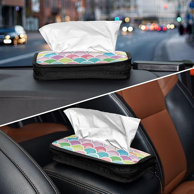 Car Tissue Holder Car Napkin Holder Tissue Box Dispenser Storage Case Sun Visor Mask Holder Accessories with Adjustable Straps Reusable Refillable Bright Multicolor Mermaid Scale - Image 8