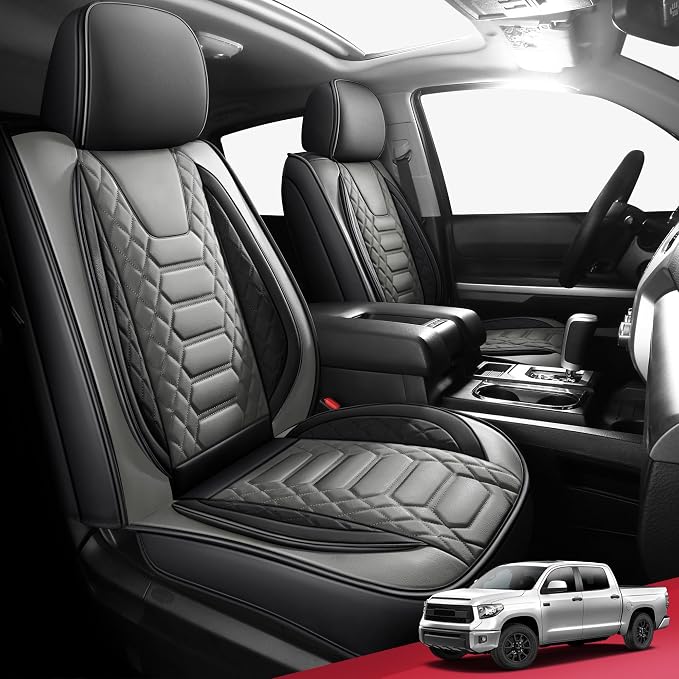 FREESOO for Toyota Tundra Seat Covers 2007-2021 Crewmax Cab 2 Front Set | 2pcs, Custom Fit, Airbag Compatible, Premium Waterproof Leather, for Truck Toyota Tundra Accessories, BlackGrey - Image 5