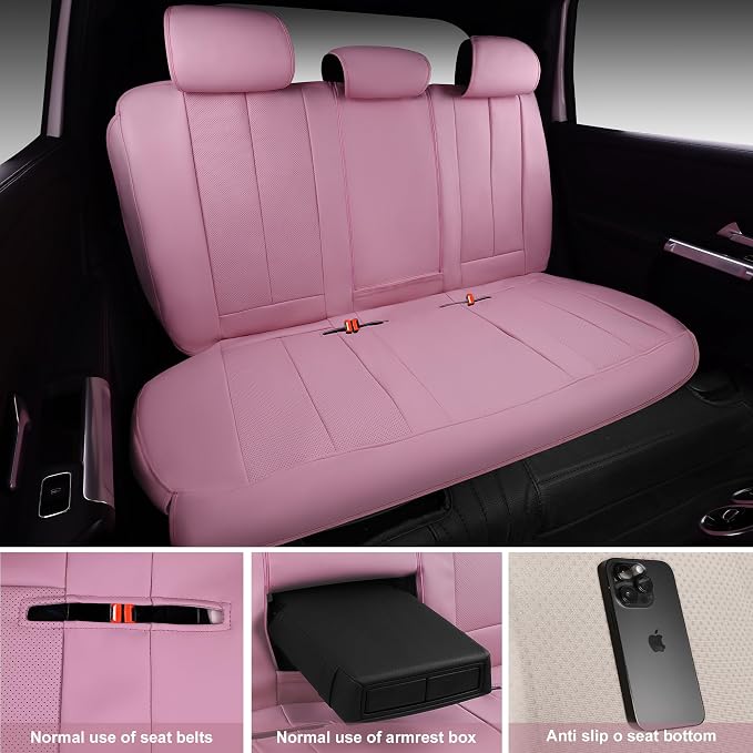 CAR PASS Pink Leather Seat Covers Full Set, Water Resistant 3D Foam Faux Leather Seat Cover, Luxury Comfort Automotive 5 Seat Covers Cute for Women Girly, Universal Fit SUV, Vans, Trucks, All Pink - Image 8