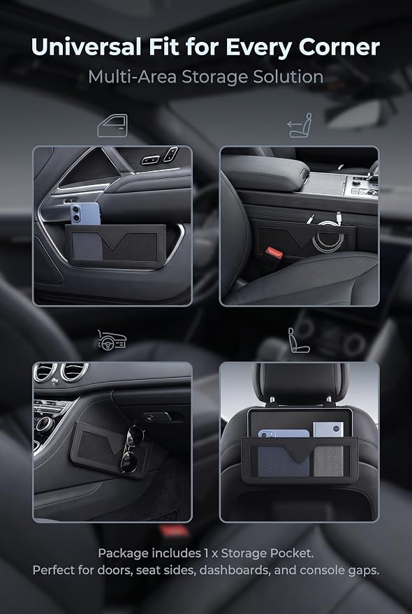 Car Storage Pocket, PU Leather Car Door Organizer for Console Seat Gap, Self Adhesive Small Car Pouch Organizer for Phone Keys Wallet Cards, Universal Vehicle Side Storage Bag (Black) - Image 7