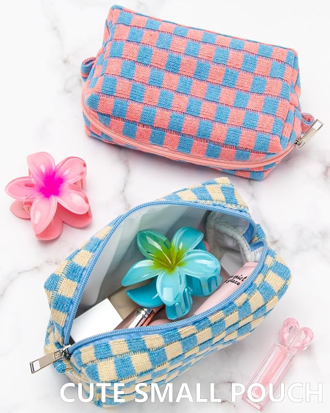 Checkered Makeup Bag for Purse, Small Travel Cosmetic Pouch,Blue Beige | Cute Zipper Makeup Organizer for Women, Travel Essentials, Toiletries, Makeup Brushes, Beauty Accessories&Bridesmaid Gifts - Image 8