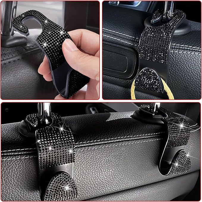 4PCS Bling Car Seat Headrest Hooks, Vehicle Back Seat Purse Handbag Hanging Holder with Crystal Rhinestone, Diamond Storage Organizer Hook,Bling Car Accessories for Women (Black) - Image 7