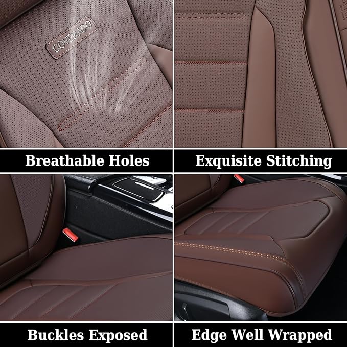 Coverado Car Seat Covers Full Set, Nappa Leather Seat Covers for Cars, Car Seat Protector Car Seat Cushion, Front and Back Seat Protectors Cushions Universal Fit for Most Cars Vehicles(Brown) - Image 9
