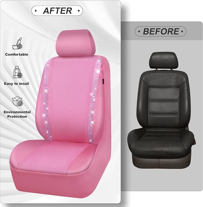 CAR PASS Bling Diamond Car Seat Covers Full Set, Shining Rhinestone Waterproof Faux Leather, Rear with Zipper, Universal Fit Automotive Glitter Crystal Sparkle Strips for Cute Women Girl, Pink - Image 9