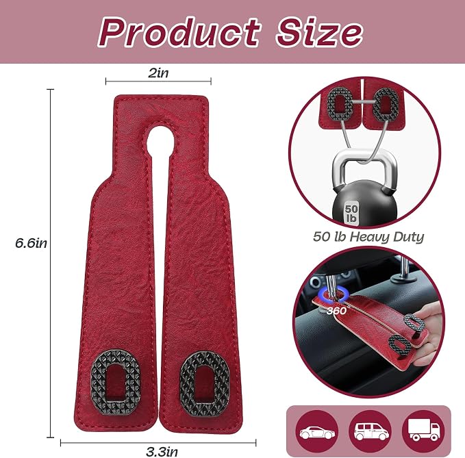 Car Headrest Hooks Universal Car Purse Hook Premium Leather and Alloy Twin Hook Car Seat Back Storage Hanger Hook for Purse Bags Cloth Drink Durable Holder Car Accessories (BH09-Red-Black) - Image 6