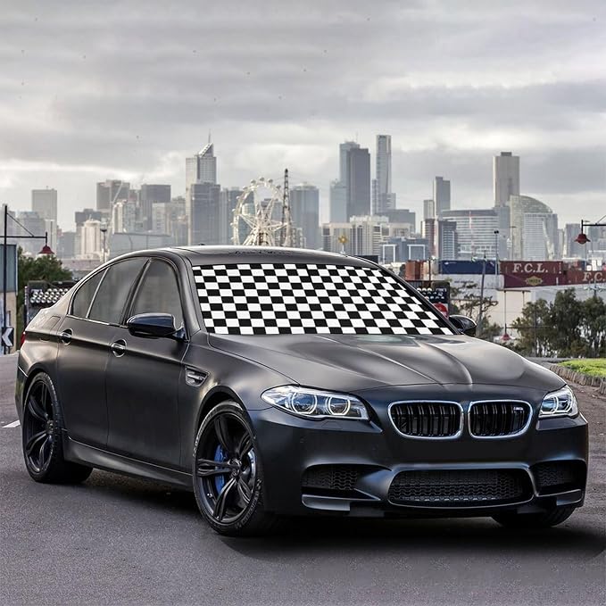 CHILL·TEK Funny Car Windshield Sun Shade Umbrella, Checkered Car Sun Shade Umbrella, Block UV Rays Heat Foldable Windshield Umbrella Sun Visor Protector - Keep Vehicle Cool for Cars SUV - Image 8