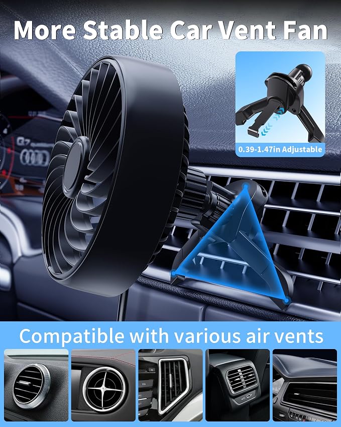 Car AC Fan to Boost Cooling Air Circulation - More Stable Vent Clip | 4in Larger Clip On Car Fan, Colorful Lighting, USB Fan for Car SUV Van RV Pickup Truck, Strong 3 Speeds, 360 Rotating, Quiet - Image 9