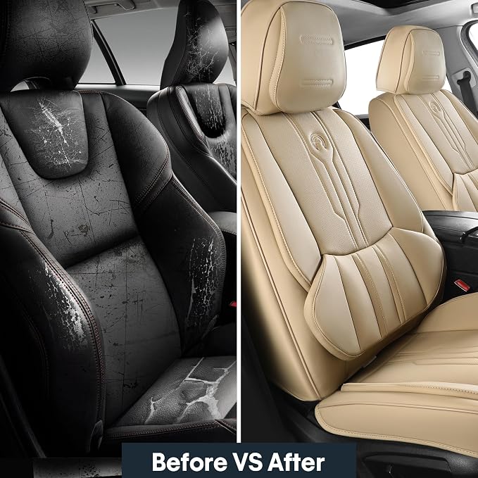 Car Seat Covers Custom Fit for Ford F150 2009-2026, Faux Leather Seat Cover Set for 2017-2026 F250 F350 F450, Accomodating Regular Cab Super Cab Super Crew Pickup Truck Cushions(Beige, Front Seat) - Image 7