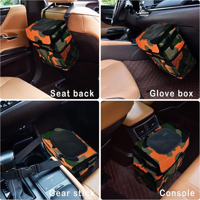 SIBOFUEGO Cute Car Trash Can with Lid – Multipurpose Collapsible Trash Bin for Car, Leak-Proof Organizer, Waterproof Garbage Can with Storage Pockets & Adjustable Straps, 2 Gallons (Camo Orange) - Image 6