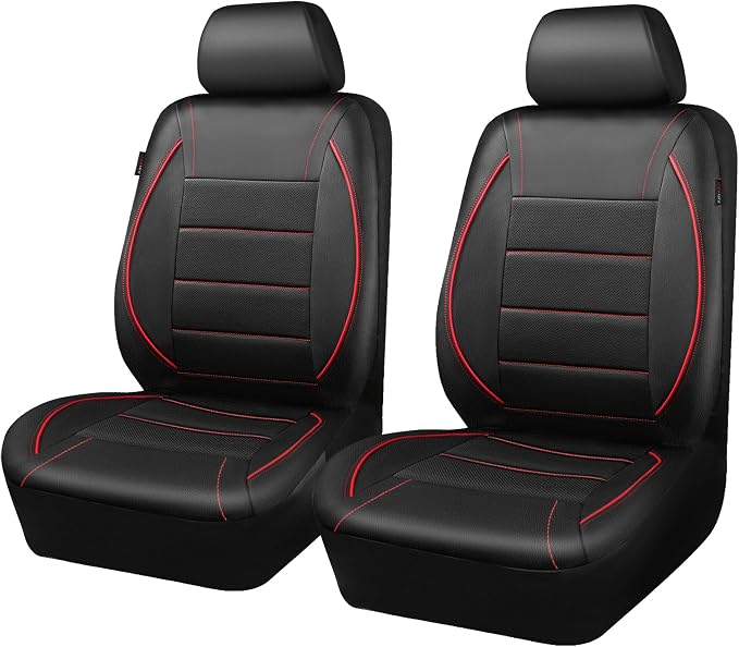 CAR PASS Universal FIT Piping Leather Two Front Seat Covers, Waterproof Faux Leather for SUV Sedan Van Truck, Airbag Compatible,Reserved Opening Holes for Headrest Covers. (Black red) - Image 9