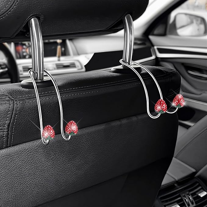 2 PCS Car Headrest Hooks Decorations, Bling Strawberry-Shaped Auto Backseat Hangers, Stainless Steel Purse Hook Diamond Seat Back Storage Holder for Most Cars Trucks SUVs (Red) - Image 6