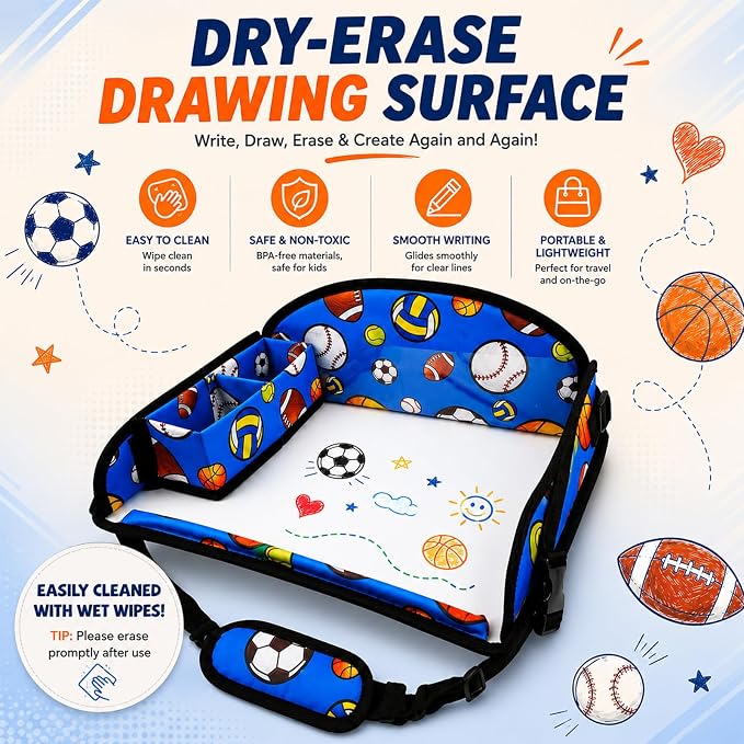 Kids Travel Tray for Car Seat, Toddler Car Seat Activity Tray, Kids Carseat Lap Table, Road Trip Essentials for Airplane, Lap Desk for Kid Roadtrip Activities, Sports Balls - Image 7