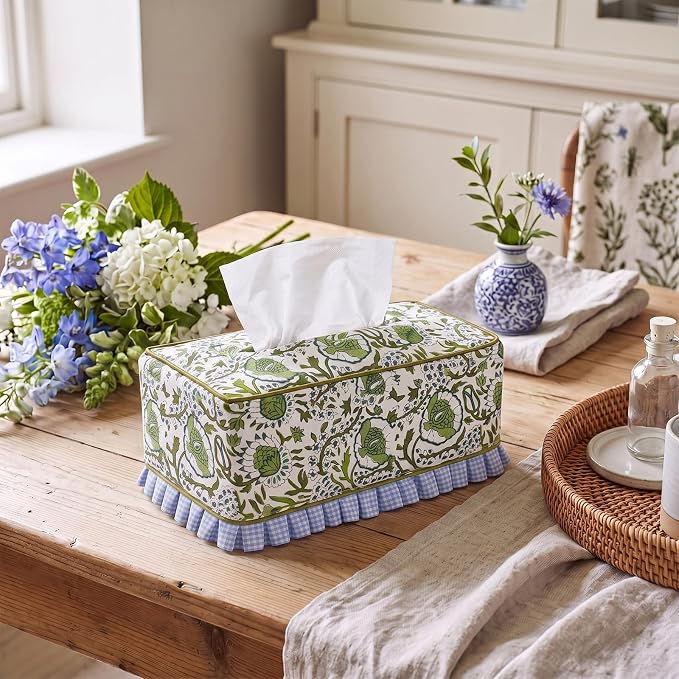 Block Print Fabric Tissue Box Cover, Floral Cluster, Bean Green | Rectangular Ruffle Sleeve, Decorative Holder for Bathroom Vanity Car, Napkin Dispenser Grand Millennial Boho Decor Home - Image 7