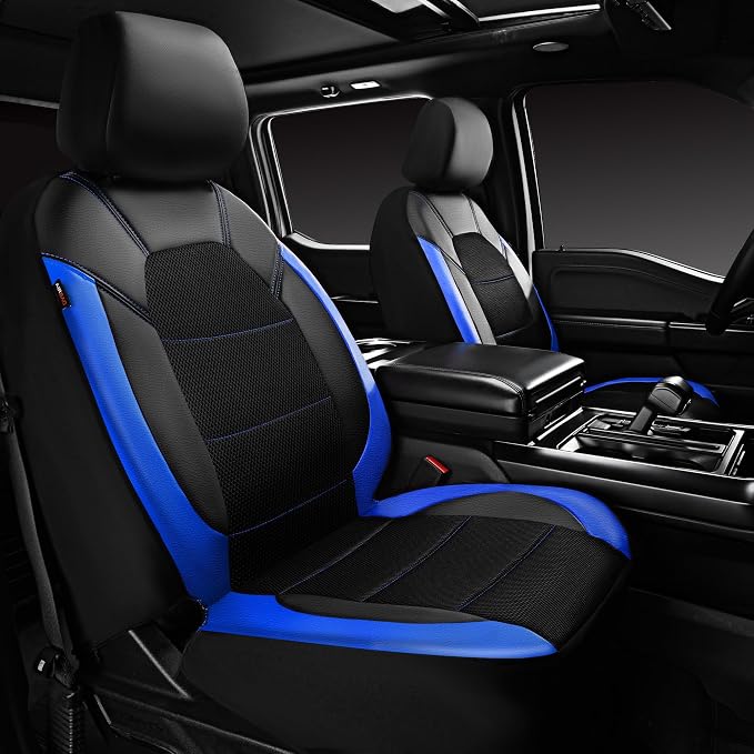 CAR PASS Leather Car Seat Covers Front Seats Only, with Air Mesh Front Seat Covers Breathable, Cool Automotive Seat Cover 2 Pack, Universal Fit Most Cars,SUV,Truck,Van Airbag Compatible(Black & Blue) - Image 9