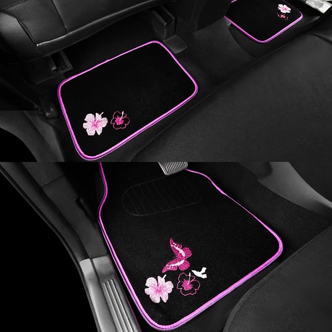CAR PASS Universal Cloth Butterfly Car Seat Covers Full Set, Embroidered Flower Waterproof Car Floor Mats Carpet, Butterflies Steering Wheel Cover for Car Accessories Interior Sets (Black and Pink) - Image 9