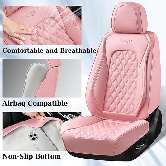 Coverado Front Seat Covers, Luxury Faux Leather Breathable Waterproof Protectors, Universal Fit for Cars, SUVs, Trucks, Durable Car Seat Protectors, Waterproof Car Cushions – Pink - Image 2