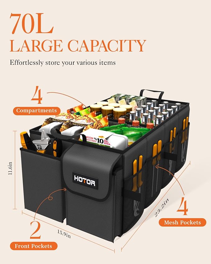 HOTOR Trunk Organizer - Foldable Car Organizer for SUVs & Sedans Storage | Sturdy Car Organization for Men & Women, Car Accessories, Tools, Sundries, Black, 4 Compartments, 23.2" x 16.0" x 11.6" - Image 3