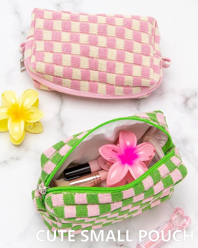 Checkered Makeup Bag for Purse, Small Travel Cosmetic Pouch,Pink Green | Cute Zipper Makeup Organizer for Women, Travel Essentials, Toiletries, Makeup Brushes, Beauty Accessories&Bridesmaid Gifts - Image 8