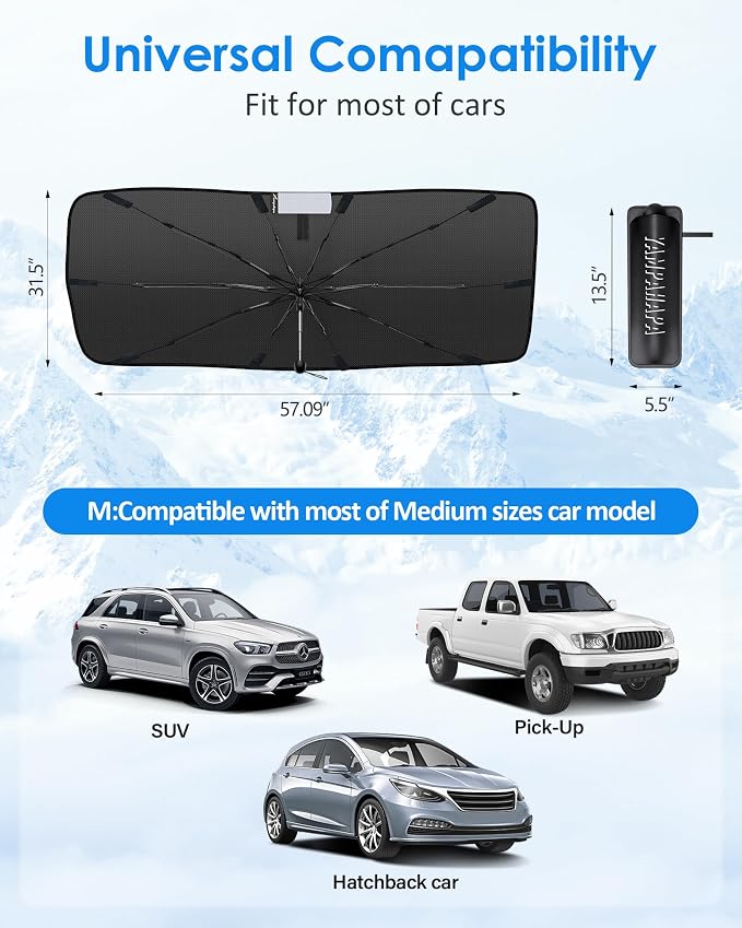 Yampahapa Car Windshield Sun Shade Umbrella, Nano-Sized Condensation Foldable Cover, UV Ray Reflector, Medium Sedan Sunshade with Cooling Feature - Image 7