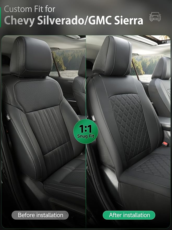 GIANT PANDA 2PCS Front Seat Covers for Chevy Silverado & GMC Sierra 1500 2500 3500 2007-2026 Crew Extended Double Cab Pickup,Custom Fit Chevy & GMC Truck Seat Protectors,Faux Leather (Solid Black) - Image 9