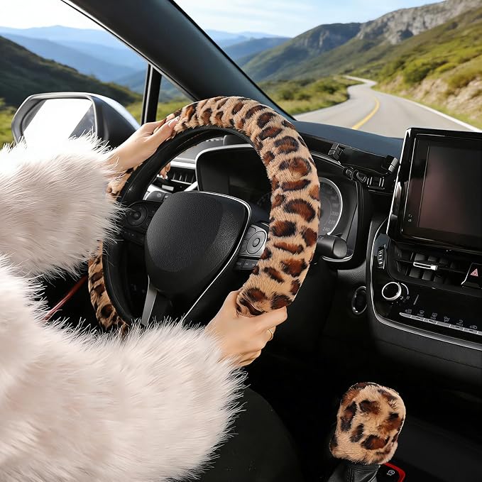 SEG Direct Fluffy Furry Steering Wheel Cover Fuzzy Gear Shift, Leopard | Gear Shift Cover, 2 PCS Set, Soft and Warm, Cute Fur Auto Decor, Standard Size 14.5- 15 inch for Women Men, Brown Leopard - Image 6